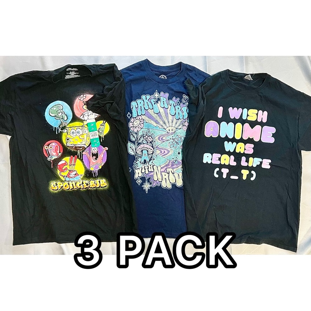3 Pack T-Shirts Short Sleeve Top SpongeBob Anime Hippy Men’s Size Large